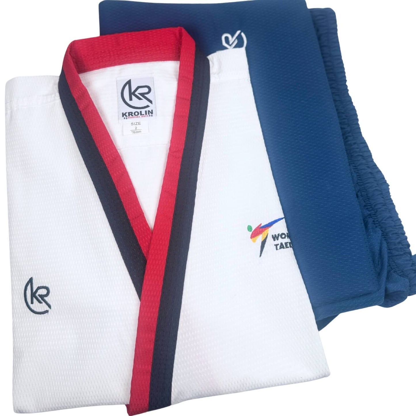 Krolin PoomStar Male Jr – Male Junior Taekwondo Poomsae Uniform (Blue Pants, WTF Approved, 65/35 Poly-Cotton)