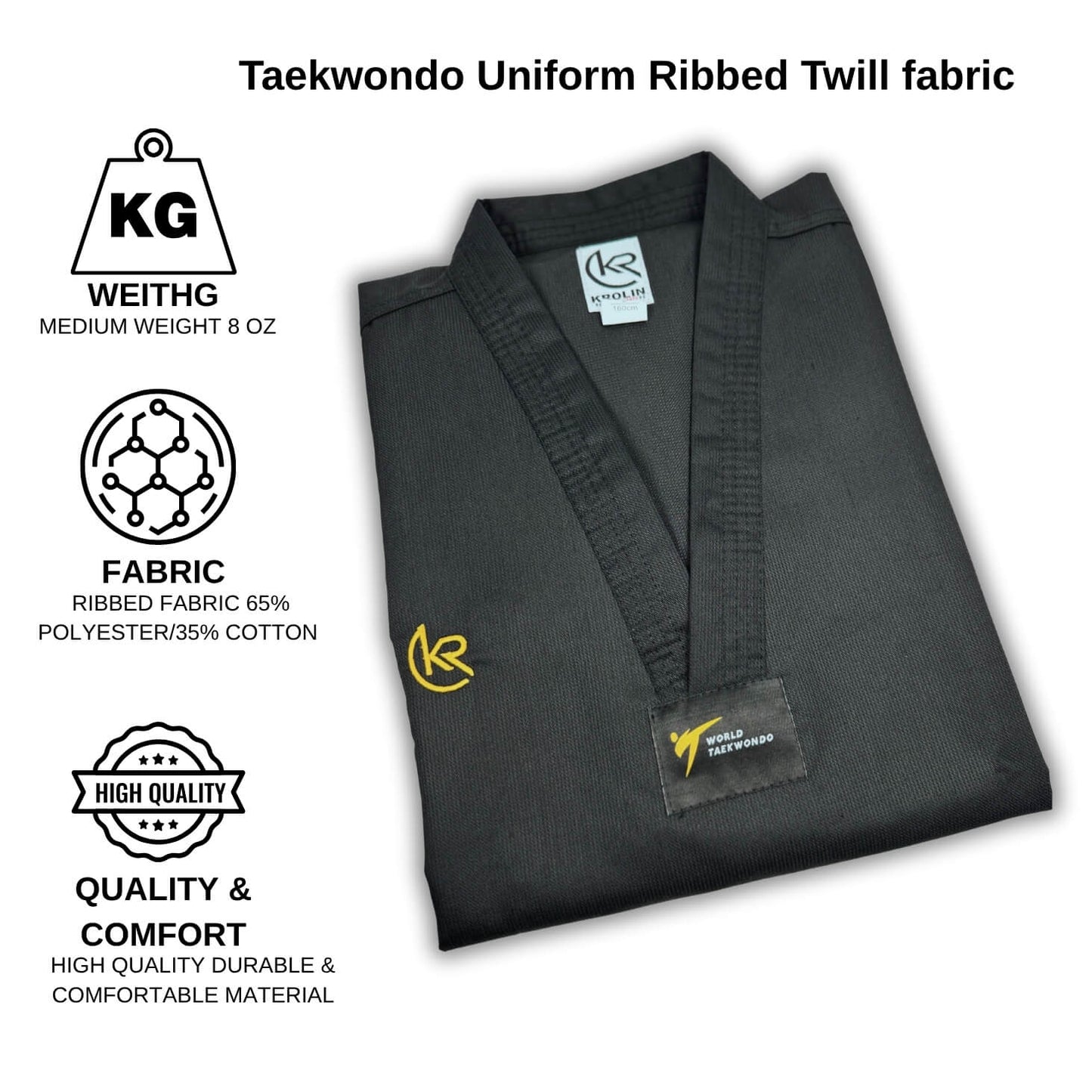 KROLIN Hybrid Pro Taekwondo Uniform – Black with Black Neck -White Belt Included.