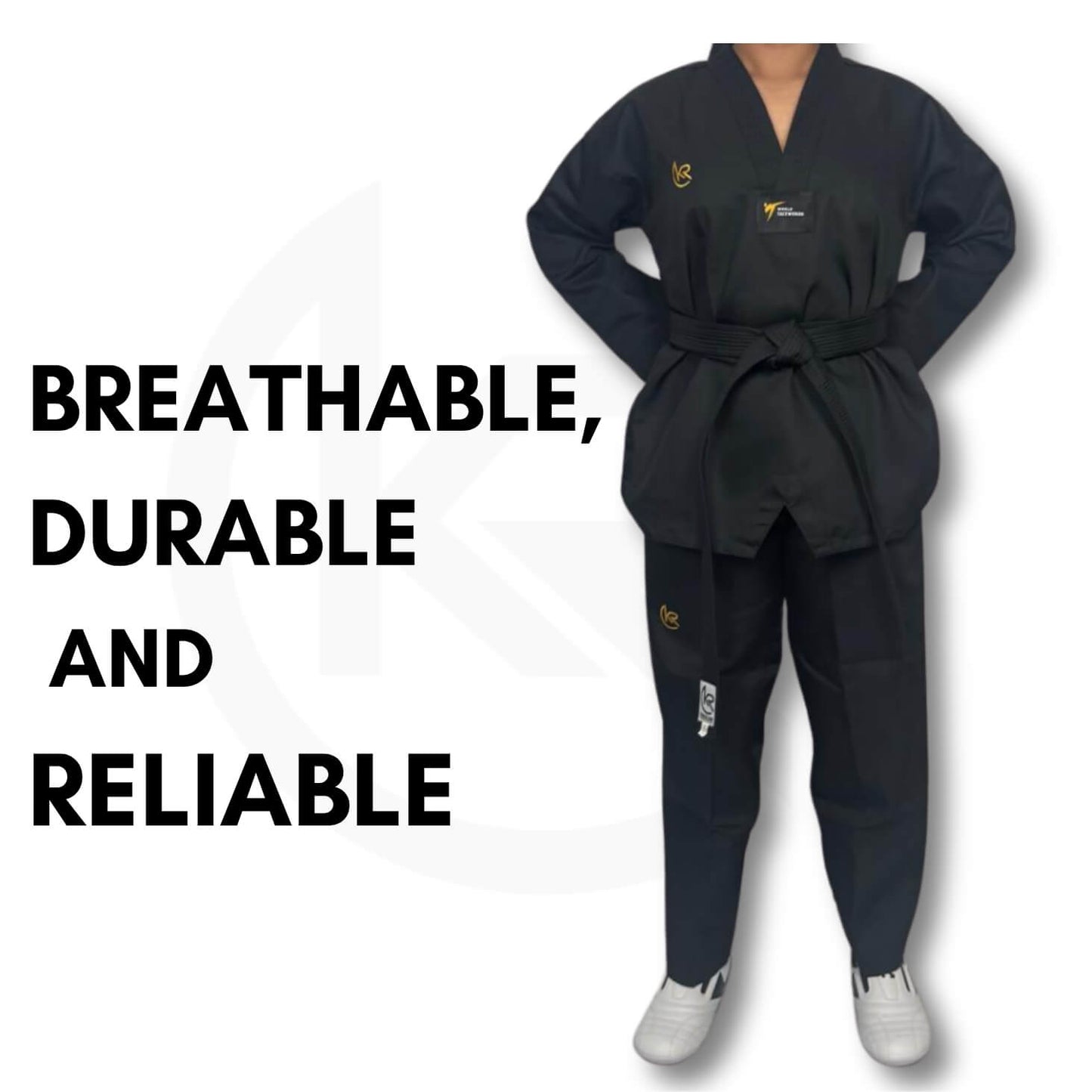 KROLIN Hybrid Pro Taekwondo Uniform – Black with Black Neck -White Belt Included.
