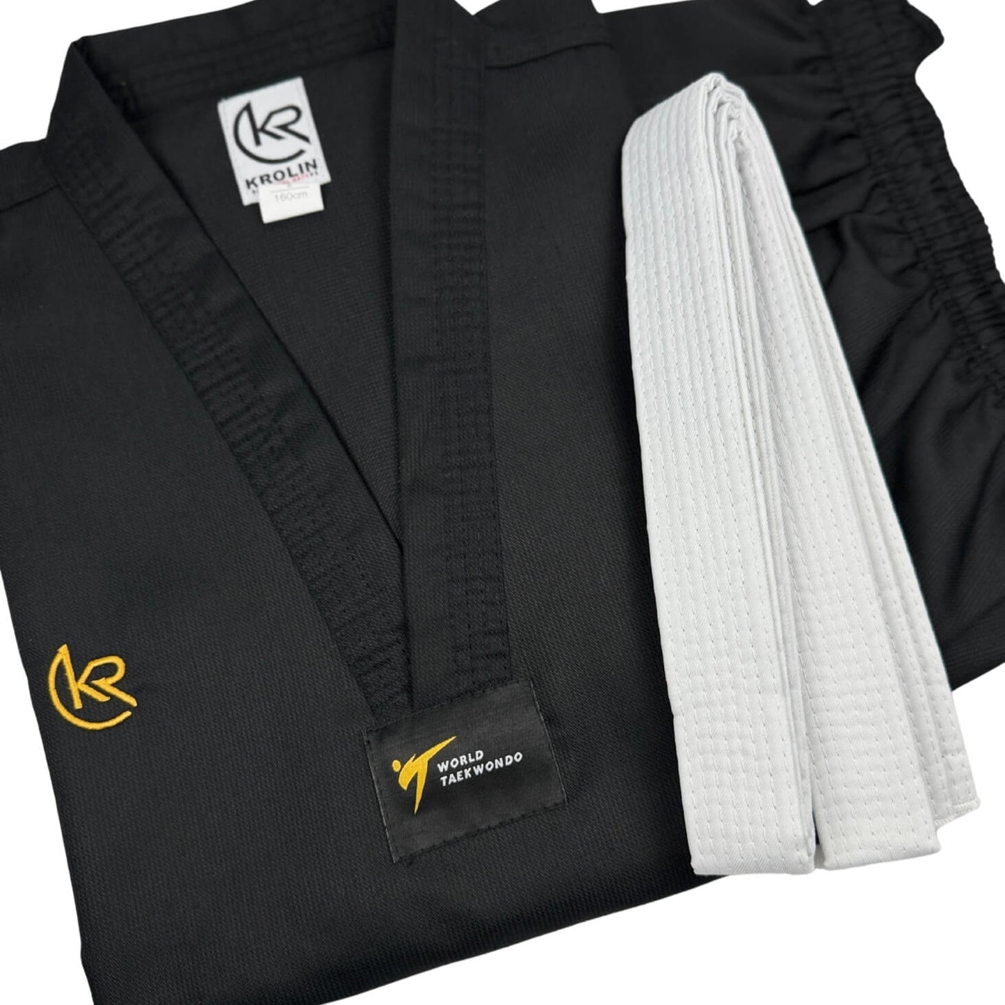 KROLIN Hybrid Pro Taekwondo Uniform – Black with Black Neck -White Belt Included.