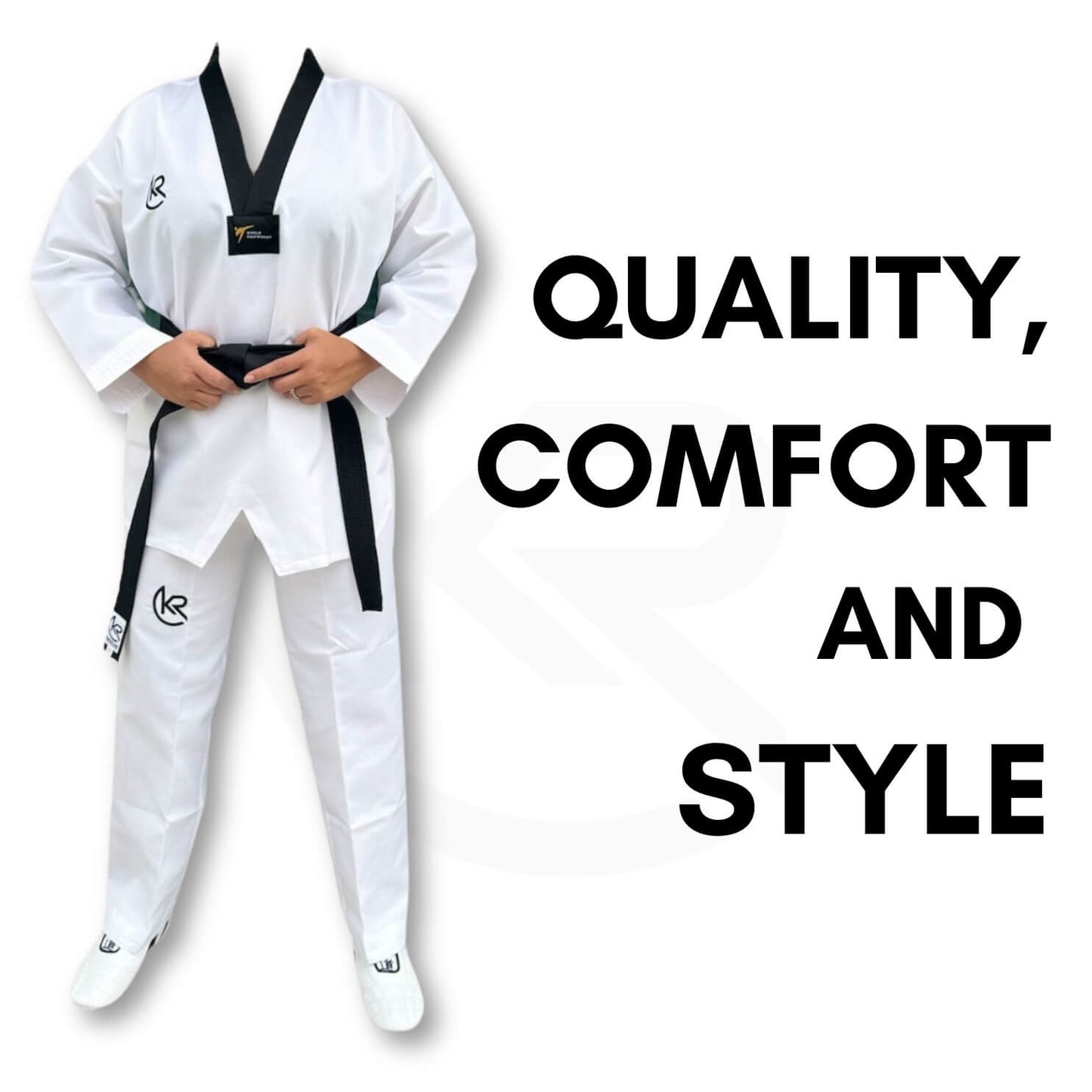 White martial arts uniform with black belt on a white background, text 'QUALITY, COMFORT AND STYLE' displayed.