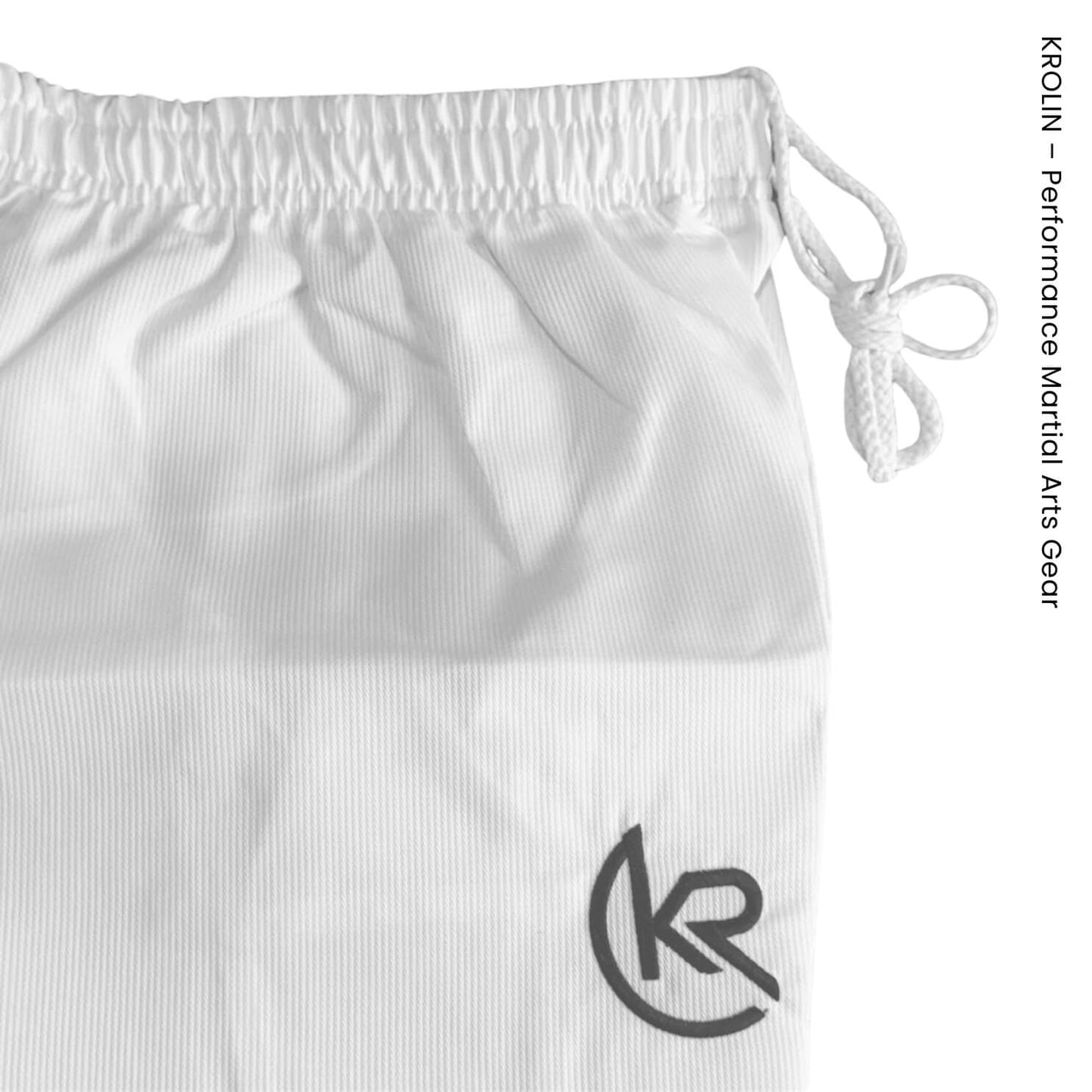 White drawstring bag with a logo on a white background, featuring KROLIN brand.