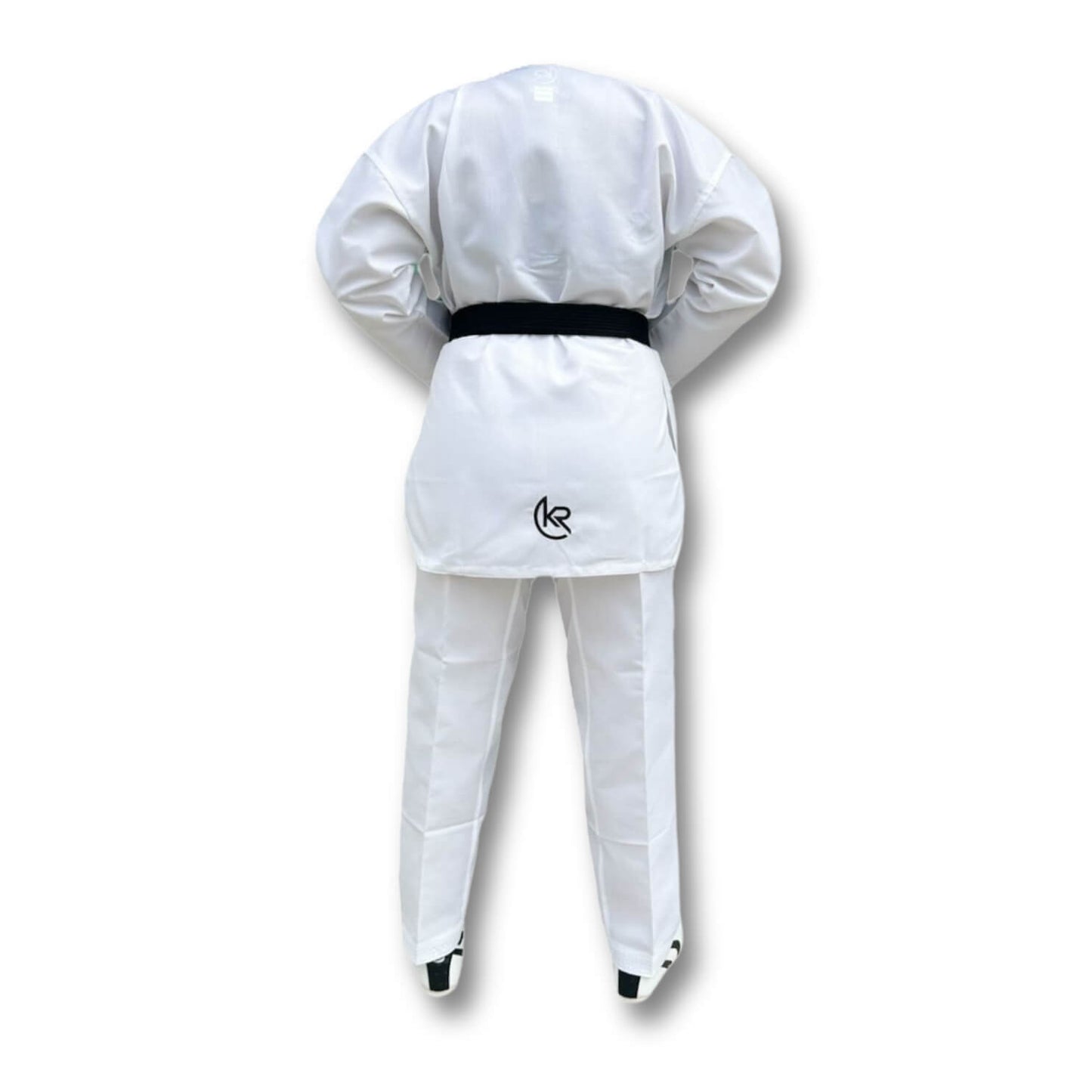 White martial arts uniform with a black belt on a white background