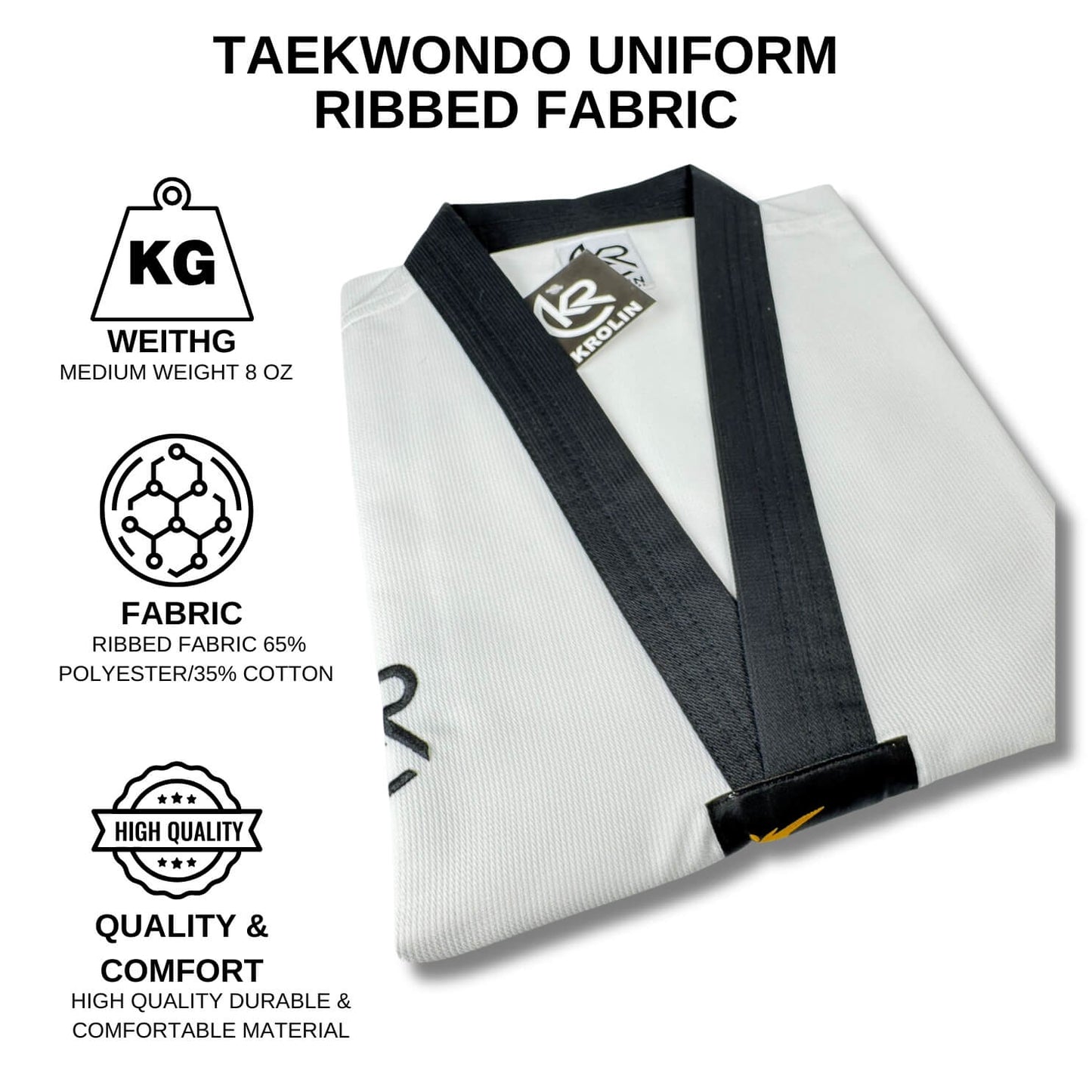 White Taekwondo uniform with white belt on a white background, featuring product details.