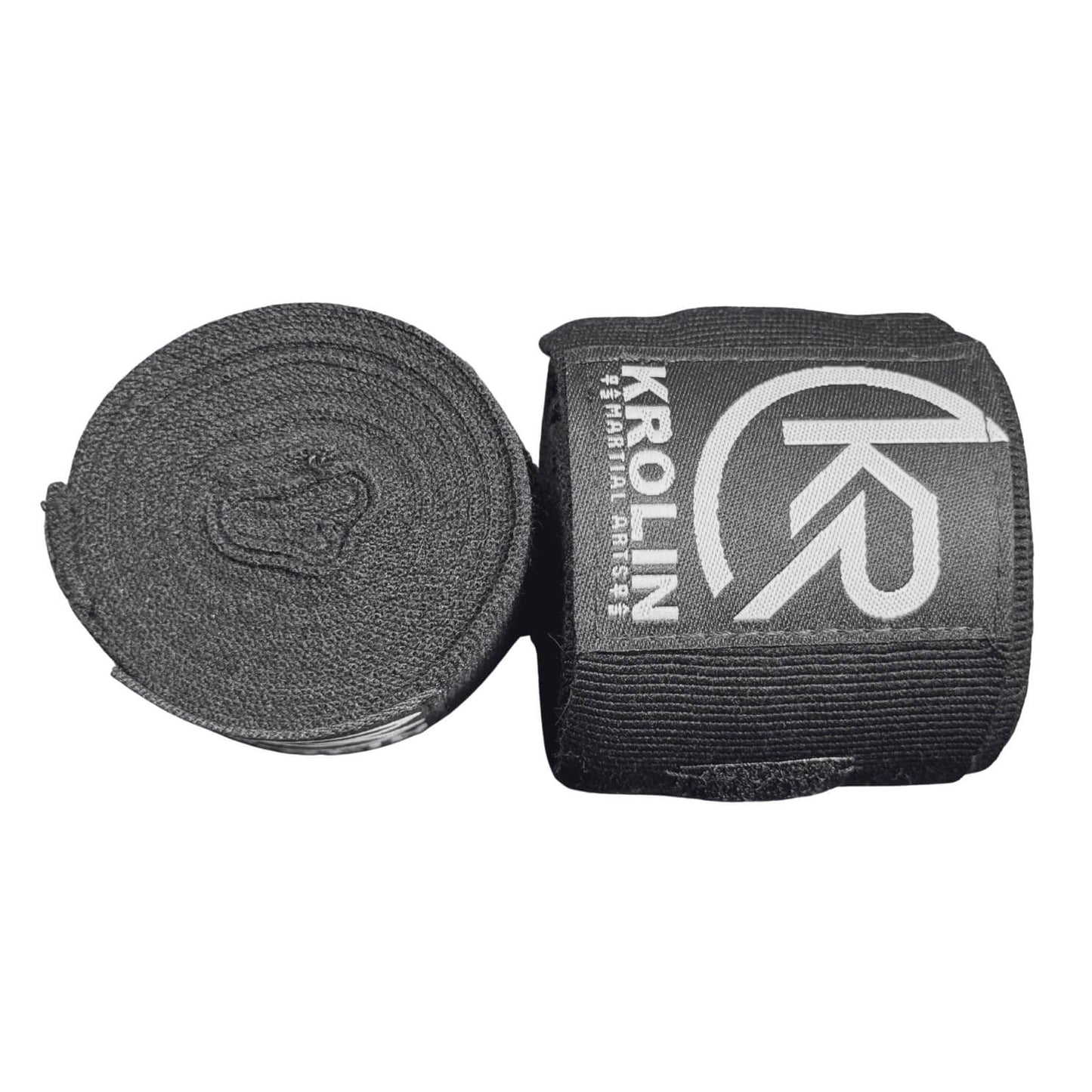 Krolin StrikeWrap 3m black boxing hand wraps rolled.
