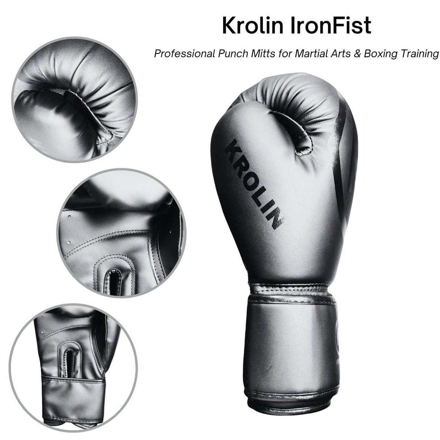 Close-up of Krolin IronFist boxing gloves – padded knuckles, reinforced stitching, and wrist support for impact protection