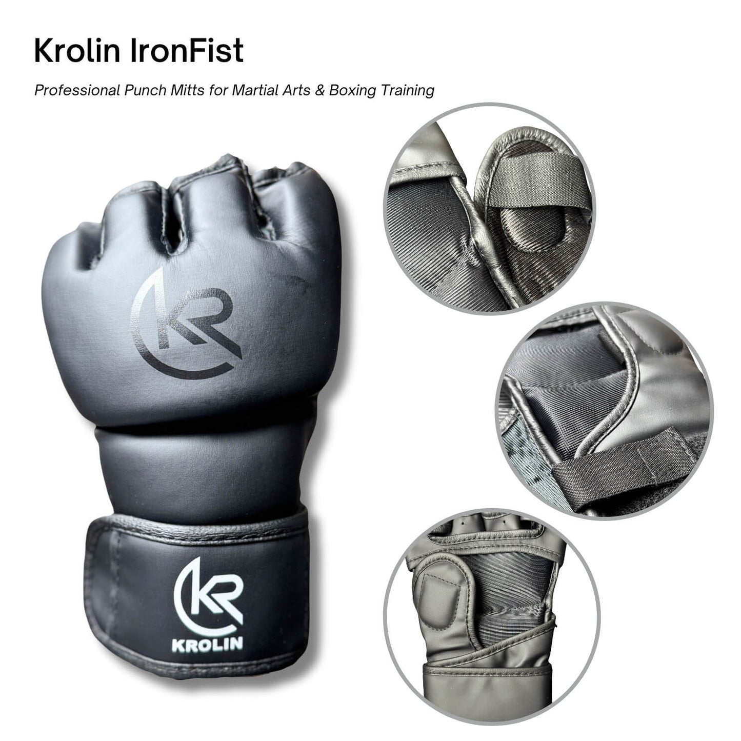 Close-up of StrikeGrip MMA glove showing padded knuckles and wrist strap for support