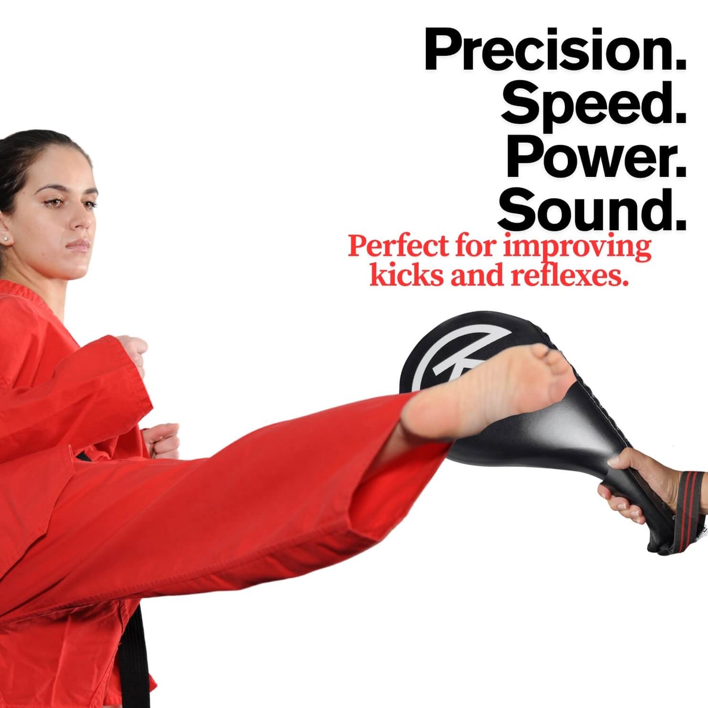Person in red martial arts uniform kicking a black and white target with text about precision, speed, power, and sound.