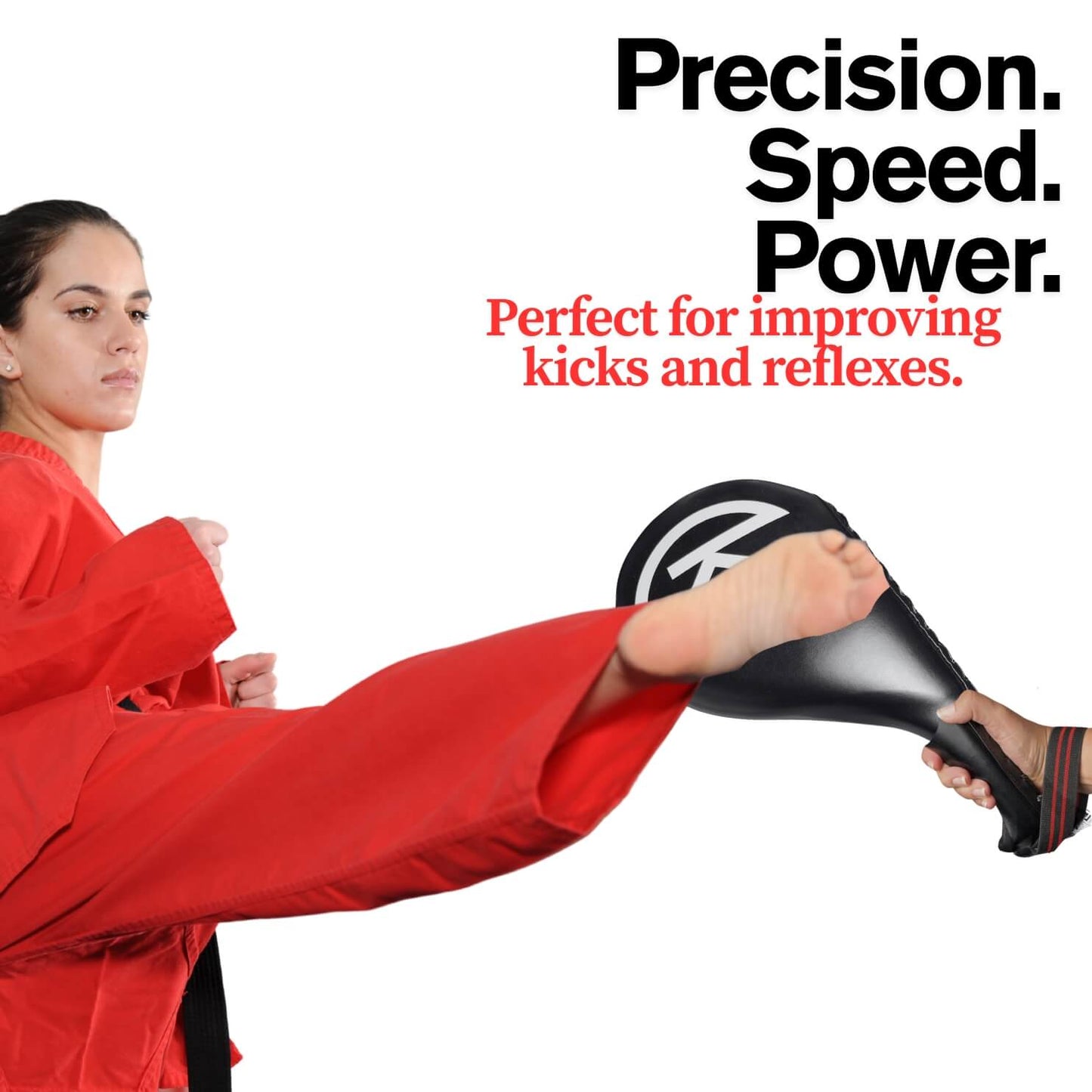 Person in martial arts uniform kicking a black and white target with text about precision, speed, and power.