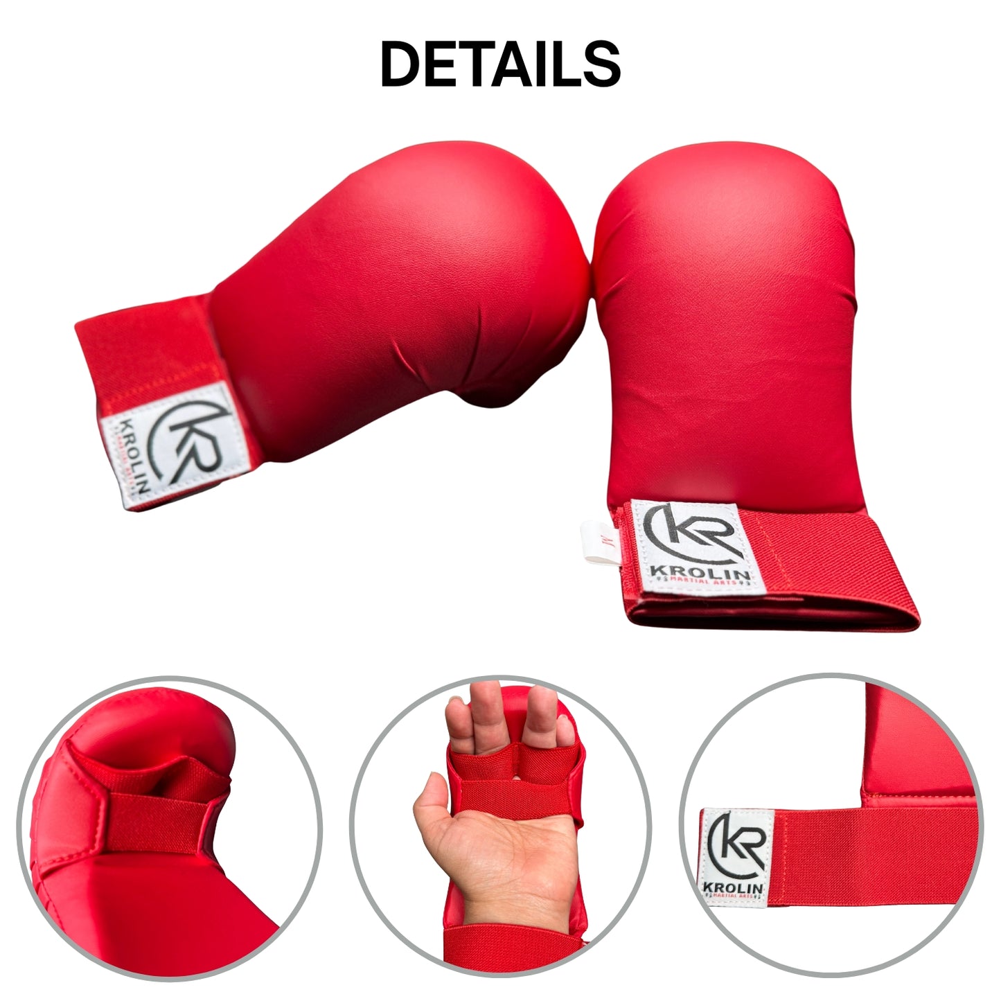 Inner view of KROLIN Karate gloves showing palm padding and elastic grip loop