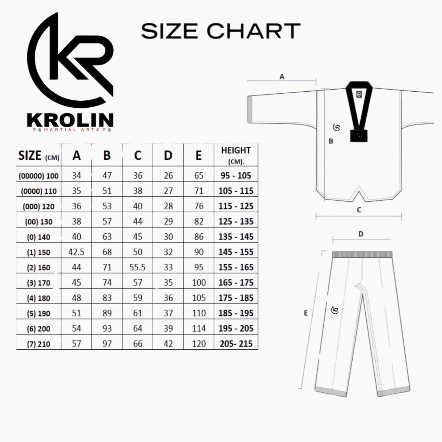 Krolin size chart for martial arts uniforms with measurements and illustrations.