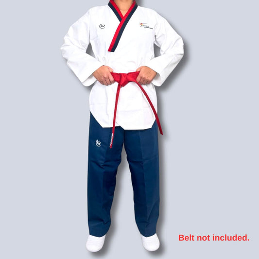 Krolin PoomStar Male Jr – Male Junior Taekwondo Poomsae Uniform (Blue Pants, WTF Approved, 65/35 Poly-Cotton)