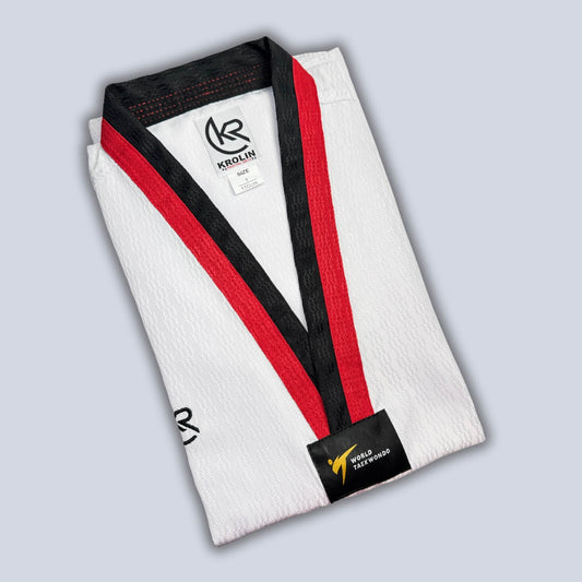 KROLIN AERODRY Taekwondo Uniform – Red & Black V-Neck Dobok folded, breathable polyester