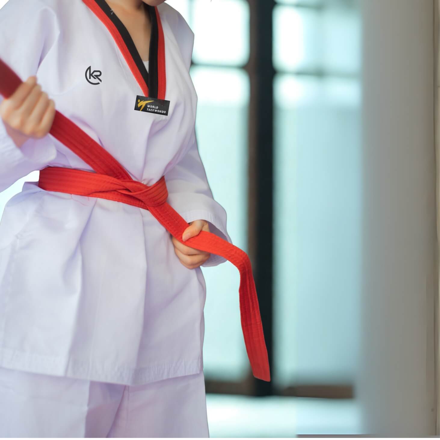 KROLIN AERODRY Taekwondo Uniform in action – Lightweight red collar dobok worn by martial artist