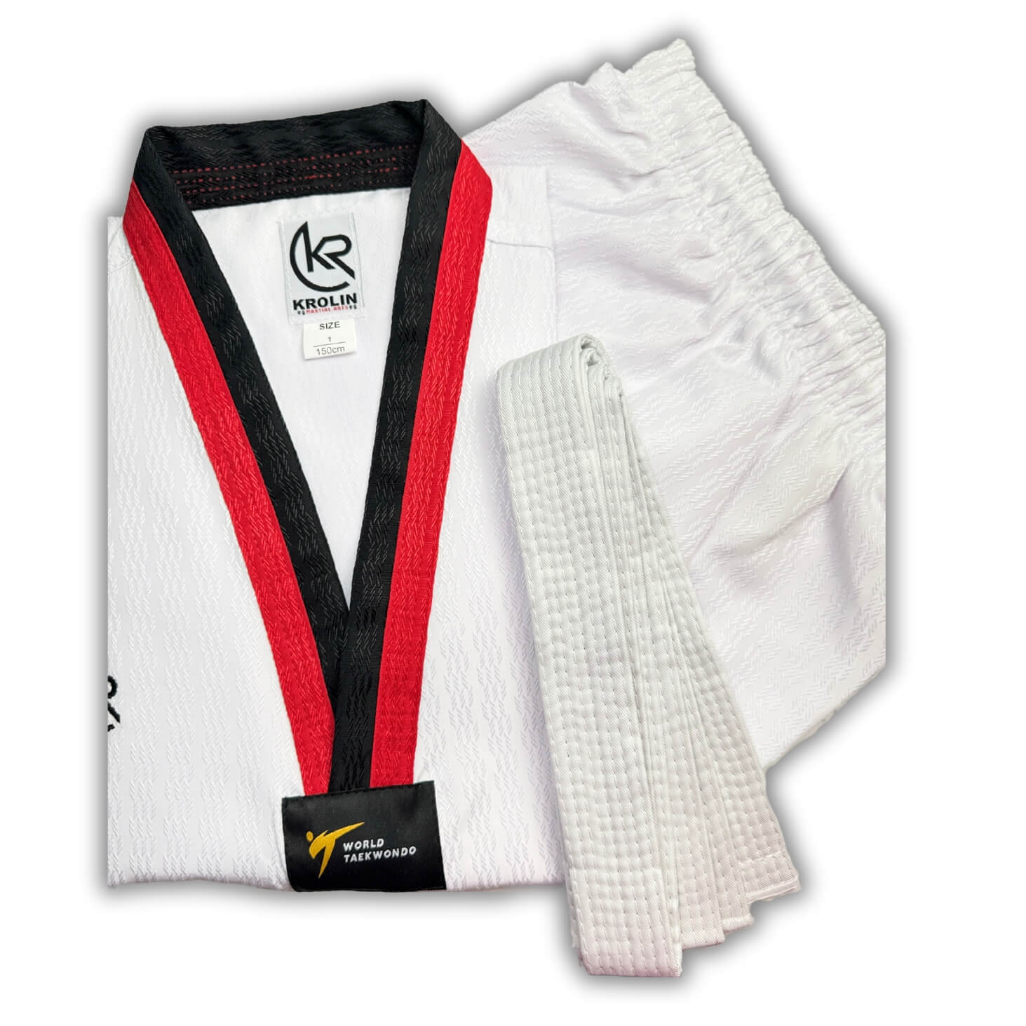 KROLIN AERODRY Red & Black V-Neck Taekwondo Uniform – Full view with white belt