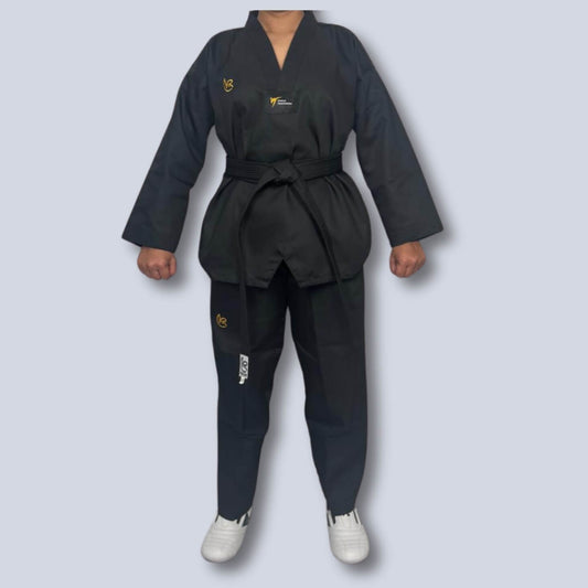 KROLIN Hybrid Pro Taekwondo Uniform – Black with Black Neck -White Belt Included.