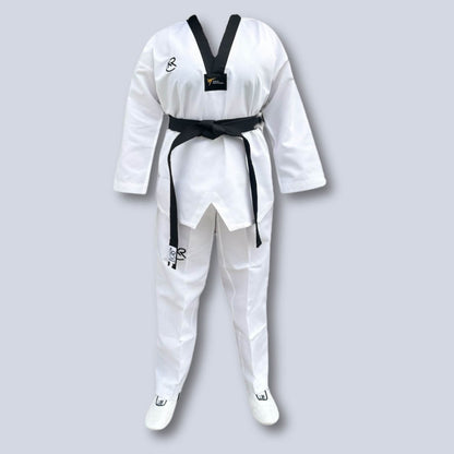 White martial arts uniform with white belt on a light gray background
