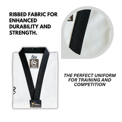 White martial arts uniform with black ribbed fabric belt on a white background, featuring Koralin branding.