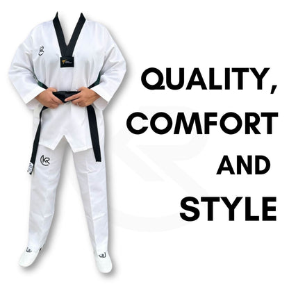 White martial arts uniform with black belt on a white background, text 'QUALITY, COMFORT AND STYLE' displayed.