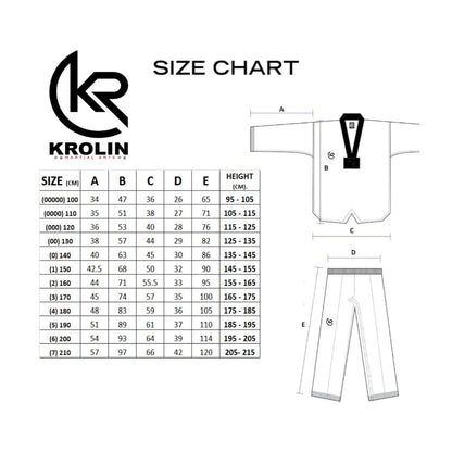 Krolin size chart for martial arts uniforms on a white background