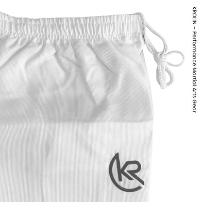 White drawstring bag with a logo on a white background, featuring KROLIN brand.