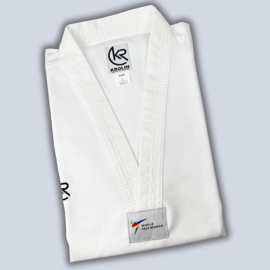 KROLIN HYBRYD PRO Taekwondo Uniform – White V-Neck Dobok folded, cotton-polyester blend