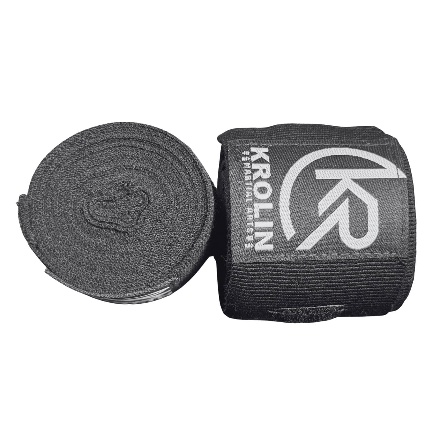 Krolin StrikeWrap 3m black boxing hand wraps rolled.