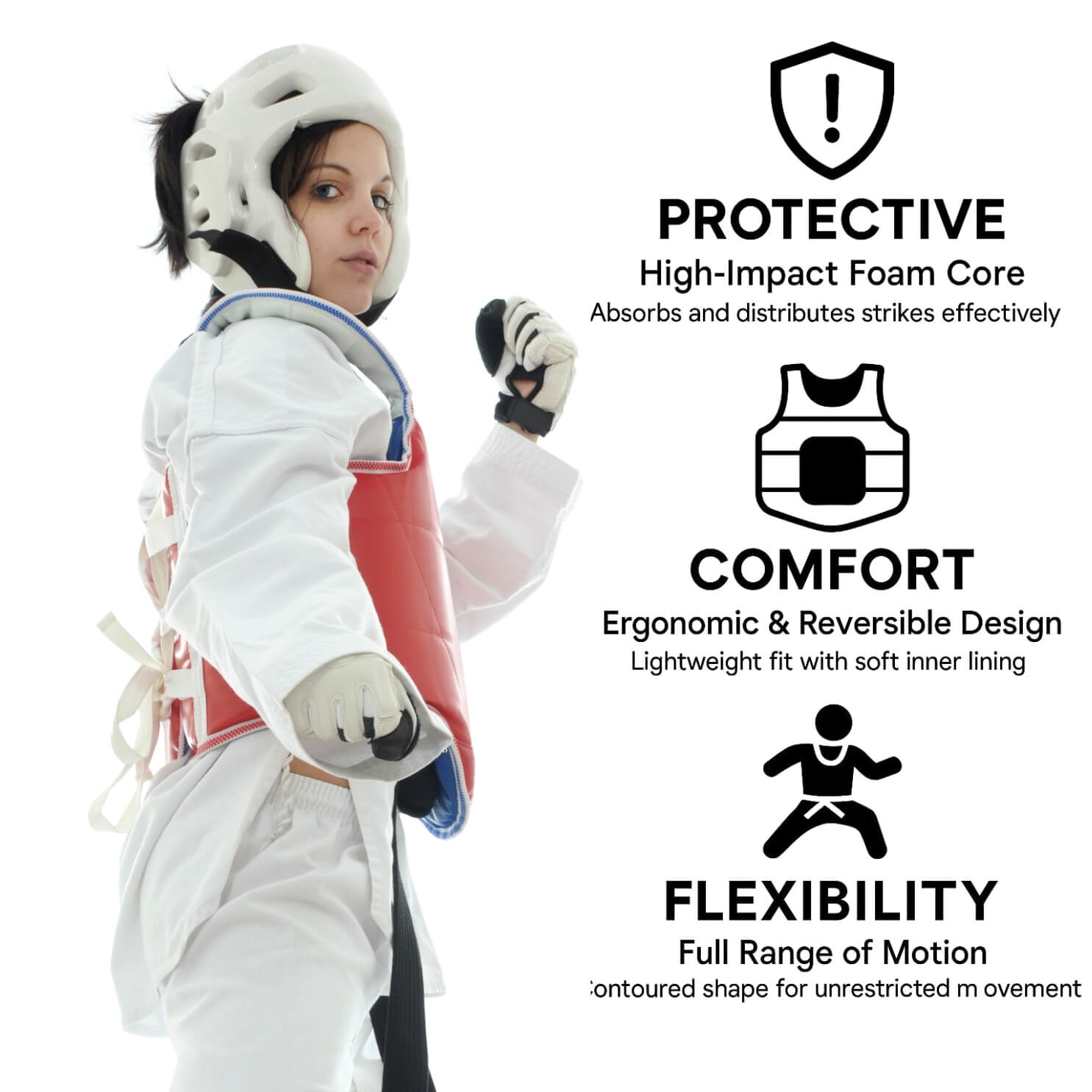 Athlete wearing Krolin SHIELD-PRO chest protector – lightweight and impact-resistant gear for safe Taekwondo training.
