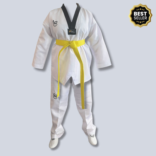 TAEKWONDO uniform for adults and kids - Krolin AERODRY, White martial arts uniform training. lightweight polyester, black V-Neck dobok, featuring a 'Best Seller' badge.