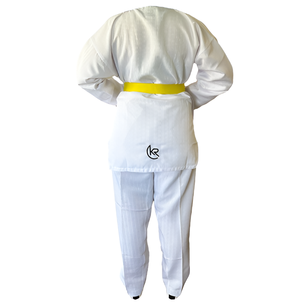 TAEKWONDO uniform for adults and kids - Krolin AERODRY, White martial arts uniform training. lightweight polyester, black V-Neck dobok, featuring a 'Best Seller' badge. Back