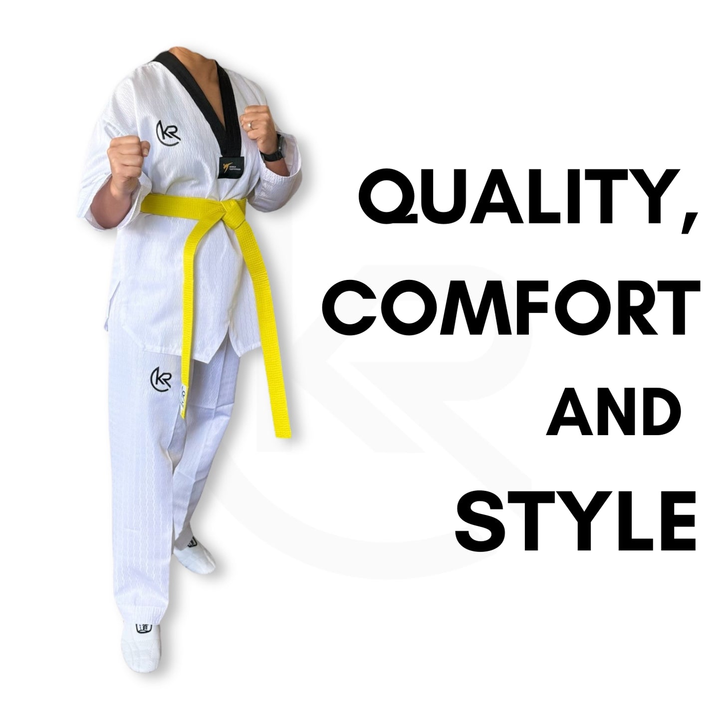 Person wearing a white martial arts uniform with a yellow belt on a white background, with text 'QUALITY, COMFORT AND STYLE'.