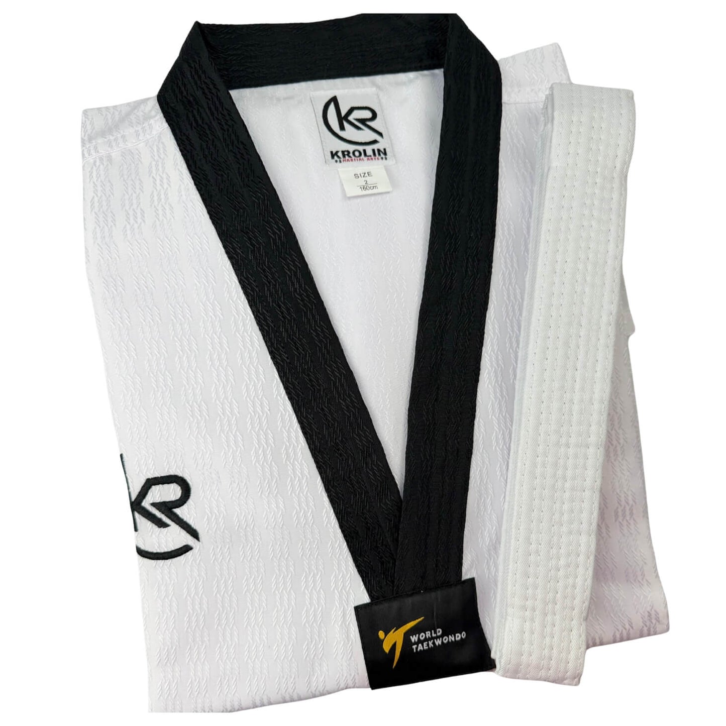 Folded KROLIN AERODRY Taekwondo Uniform with white belt - ideal for training, competition or beginners.