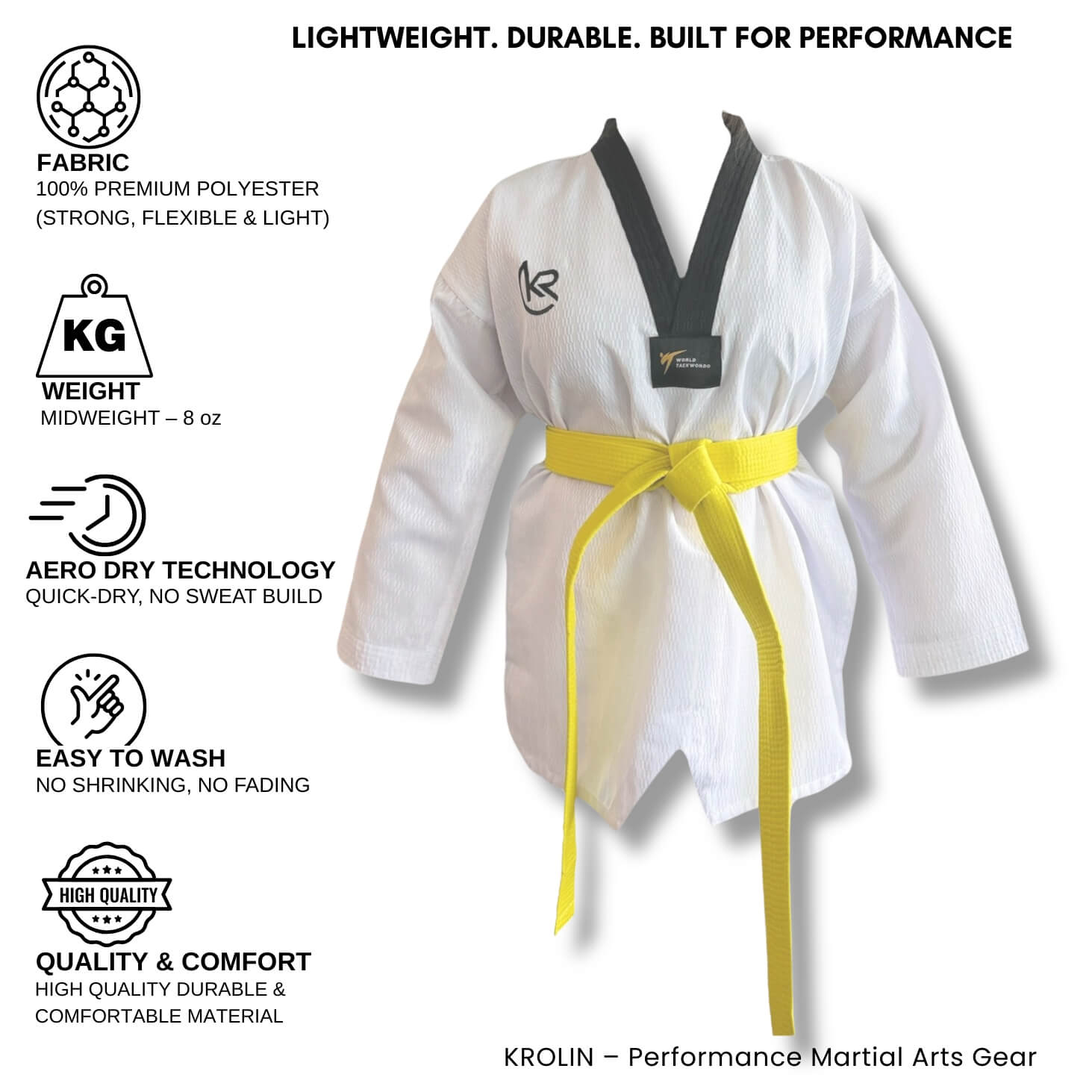 White martial arts uniform training. with benefits highlighted - Krolin AERODRY offers comfort, mobility and premium polyester,