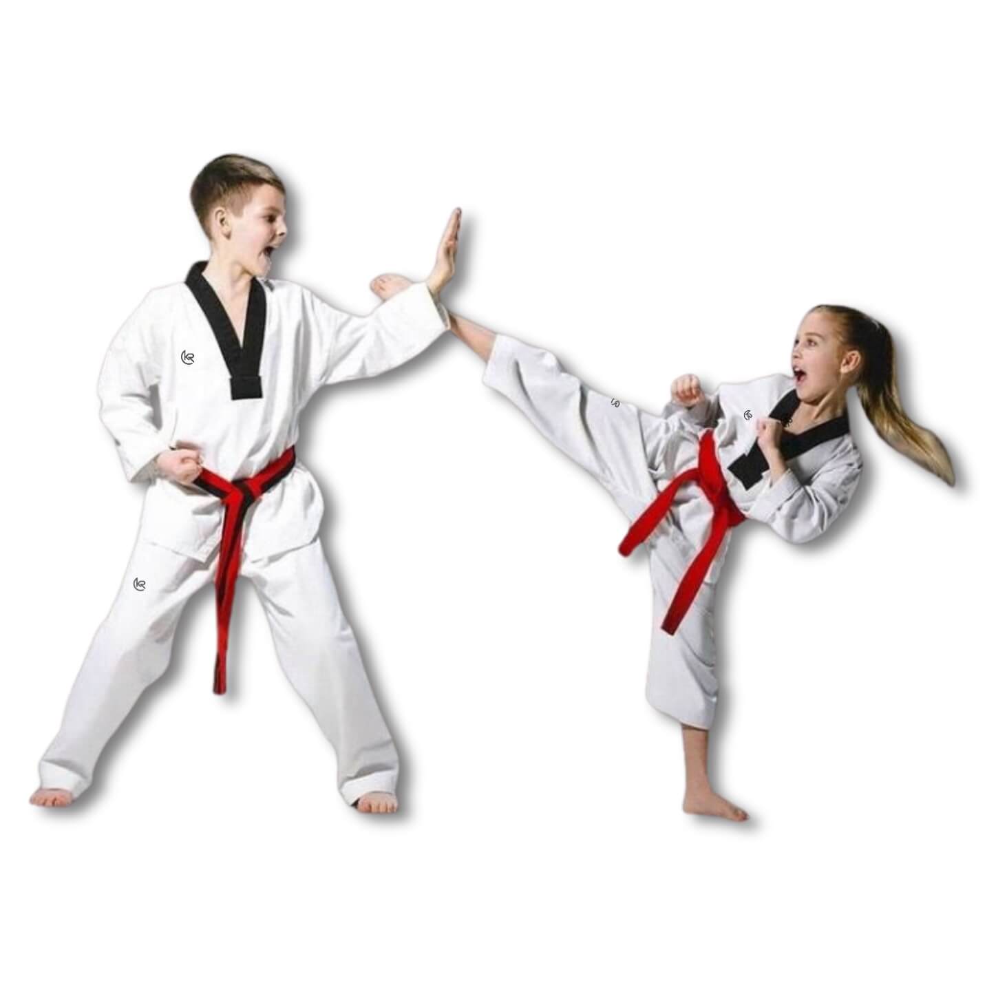 Two children in white martial arts uniforms with white dobok with black collar for WT practitioners