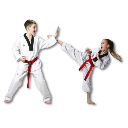 Two children in white martial arts uniforms with white dobok with black collar for WT practitioners