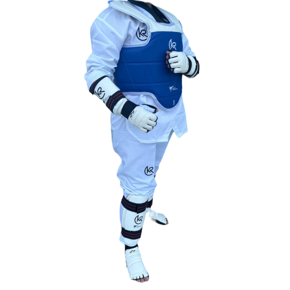Athlete wearing Krolin DUALSHIELD forearm and shin guards – ergonomic fit for full-range martial arts protection.