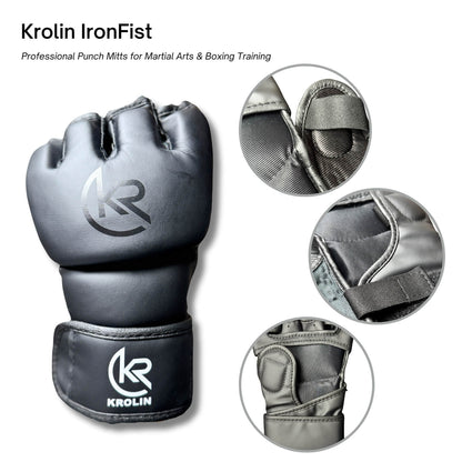 Close-up of StrikeGrip MMA glove showing padded knuckles and wrist strap for support