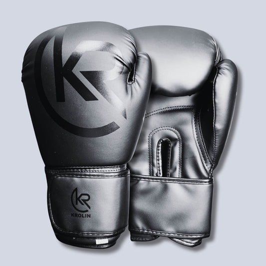 Black Krolin IronFist boxing gloves with secure wrist strap – premium synthetic leather training gear for boxing and martial arts