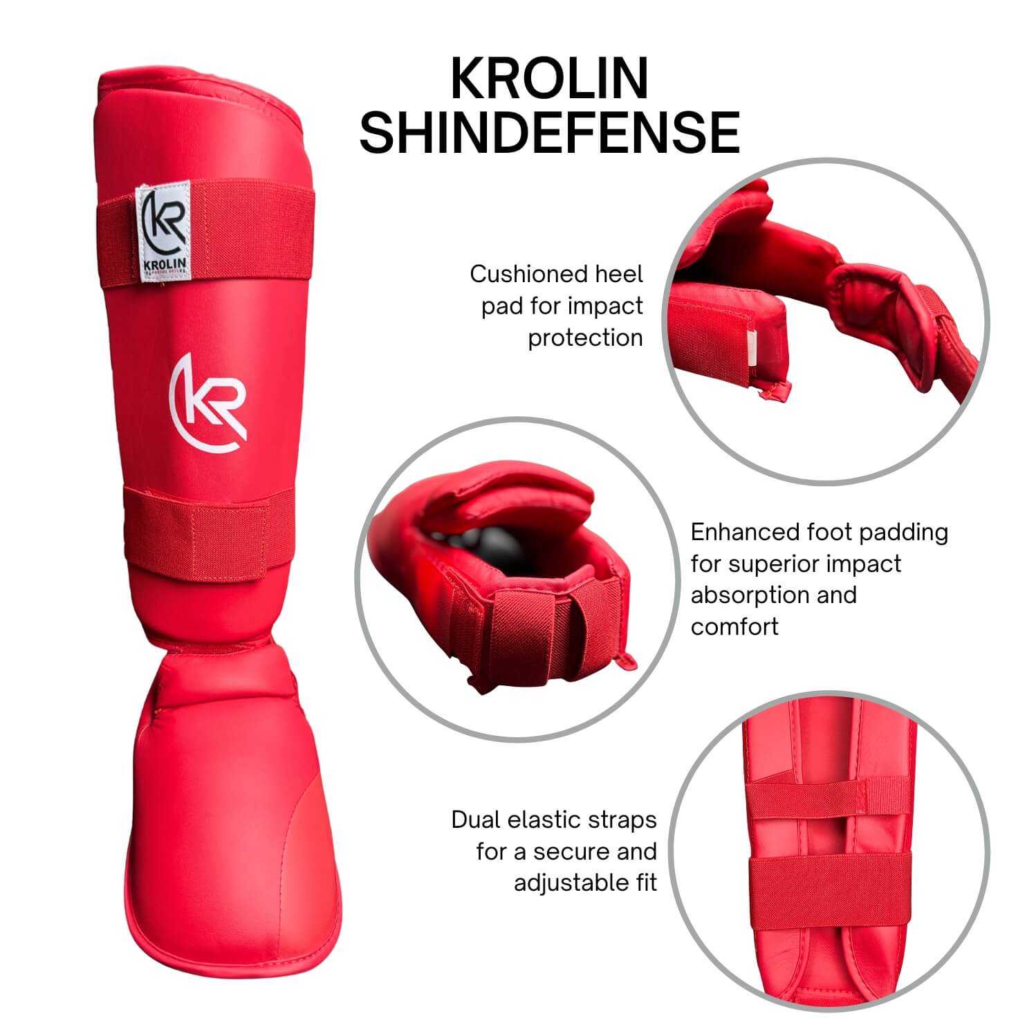 KROLIN SHIELDSTEP red Taekwondo shin and instep protector with dual straps and reinforced padding