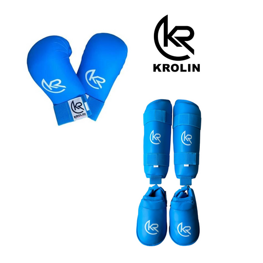KROLIN™️- Set of Karate Gloves and Shin Guard Protectors Karate, MMA, martial arts, kickboxing, Muay Thai, Combat sports. Krolin brand.