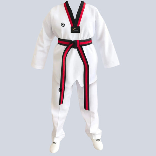 White martial arts uniform with a red and black belt on a white background