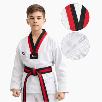 KROLIN AERODRY – Taekwondo Uniform Red & Black V-Neck (WT Approved, 100% Polyester)
