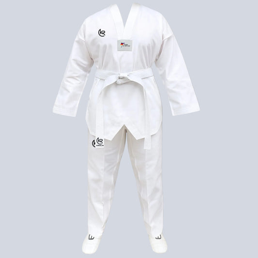 White martial arts uniform with brand logos on a white background